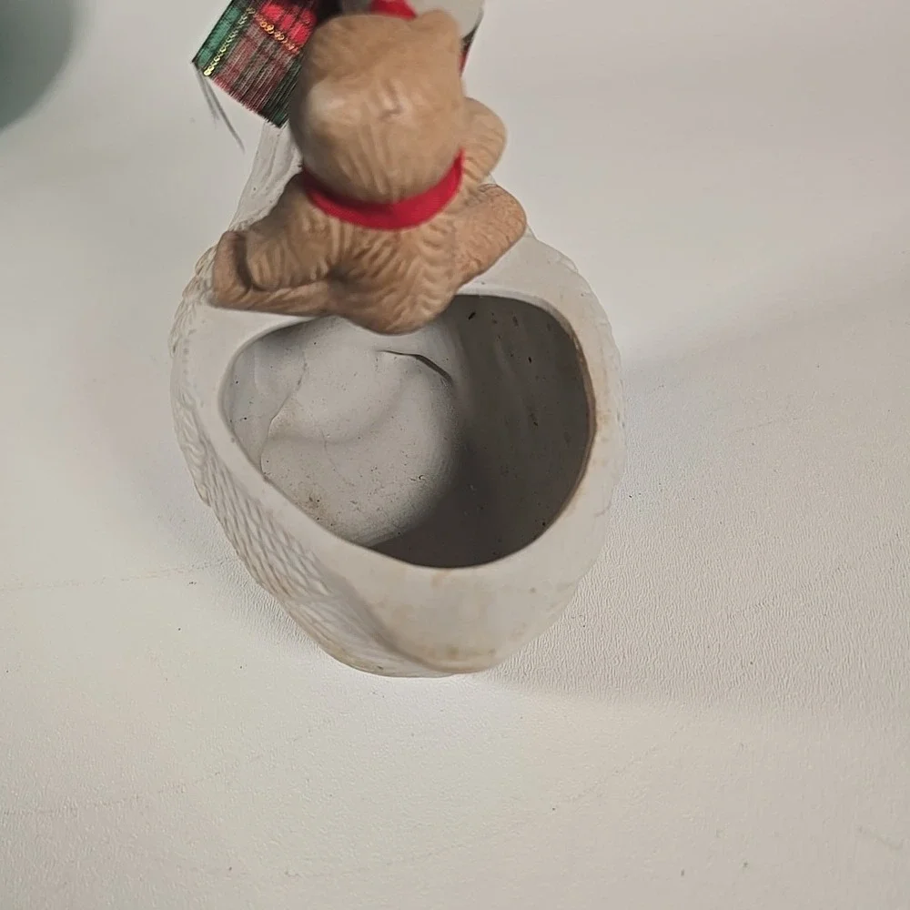 Vintage Ceramic Teddy Bear on‎ Goose Back Bows Candy Dish Planter Trinket Holder